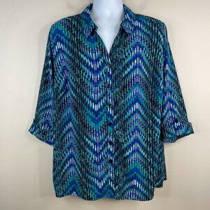 Catherines Womens Button Up Tunic Top Size 3X Blue Geometric Casual Career Knit
